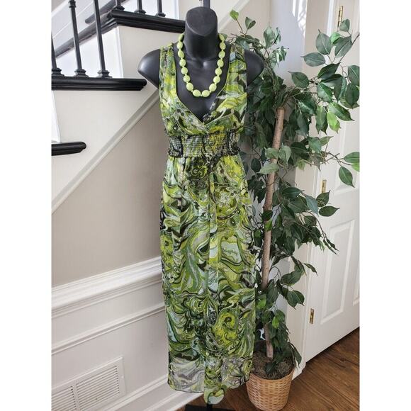 Magic Women's Green 100% Polyester V-Neck Sleeveless Long Maxi Dress Size Medium - Picture 1 of 14